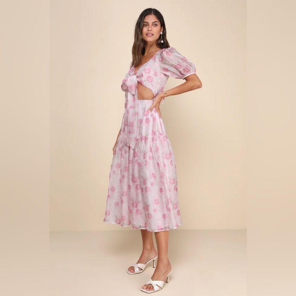 NWT Lulu’s Ideal Poise Blush Floral Chiffon Backless Tie-Front Midi Dress